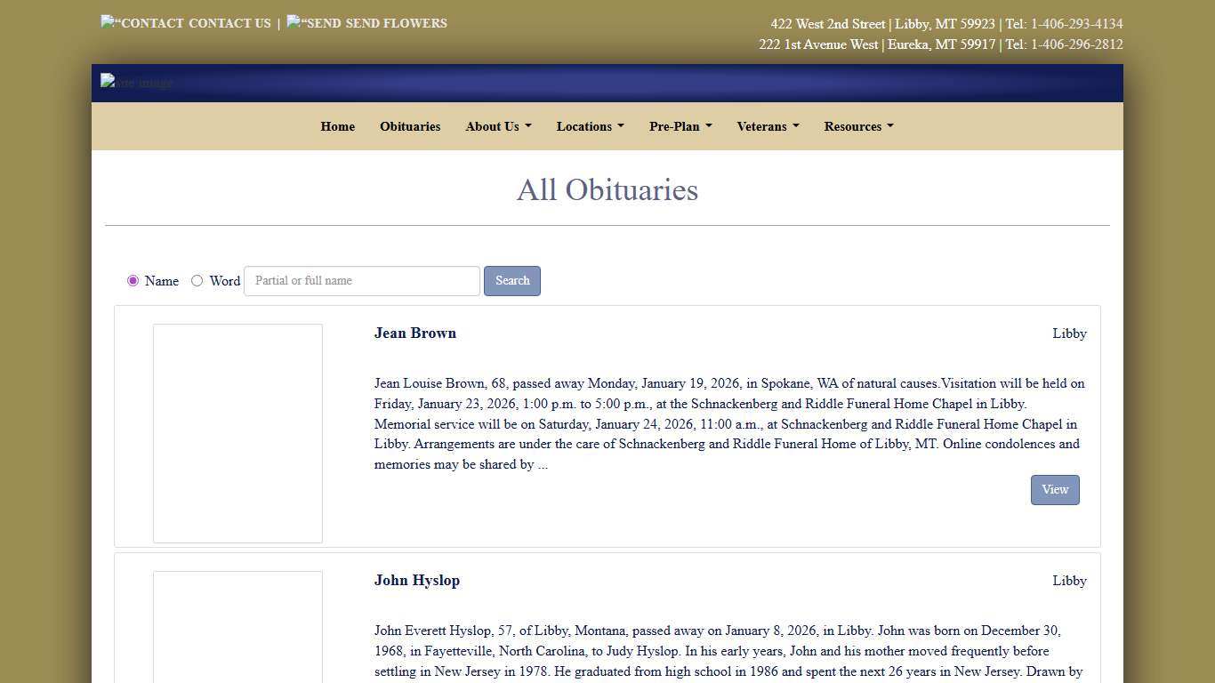 All Obituaries Schnackenberg Funeral Home Libby, MT